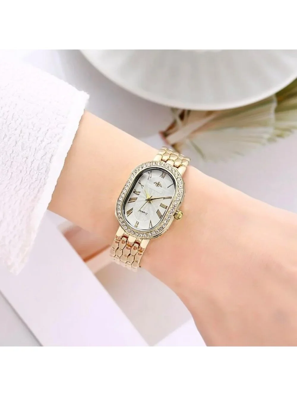Women's Gold White Oval Case Adjustable Stainless Steel Analog Wrist Watches
